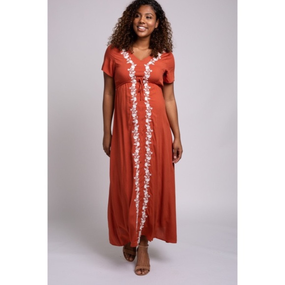 Rust embroidered maternity maxi dress